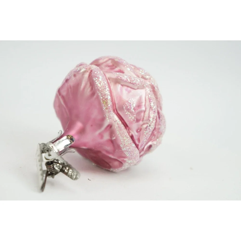 Vintage Christmas Ornament Pink Rose Bud Blown Glass Glitter Clip On EUC
